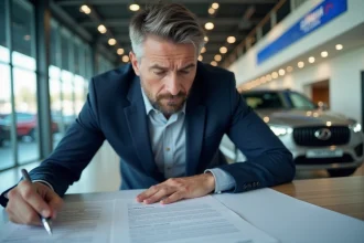 Un homme examine attentivement un contrat avant d'acheter une voiture d'une marque automobile chinoise dans un showroom moderne