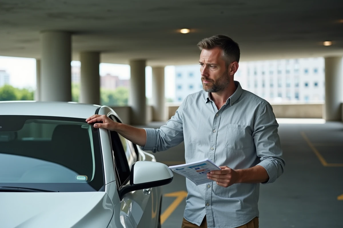 Homme hésitant à acheter une voiture électrique blanche dans un parking urbain, tenant une brochure de prix