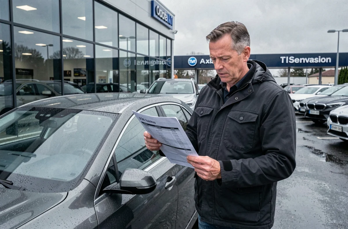Acheteur automobile comparant les données de puissance en CV sur une fiche technique devant un concessionnaire