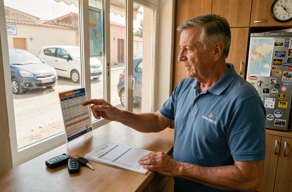 Agent d'agence de location expliquant les tarifs et pièges d'une location de voiturette au comptoir