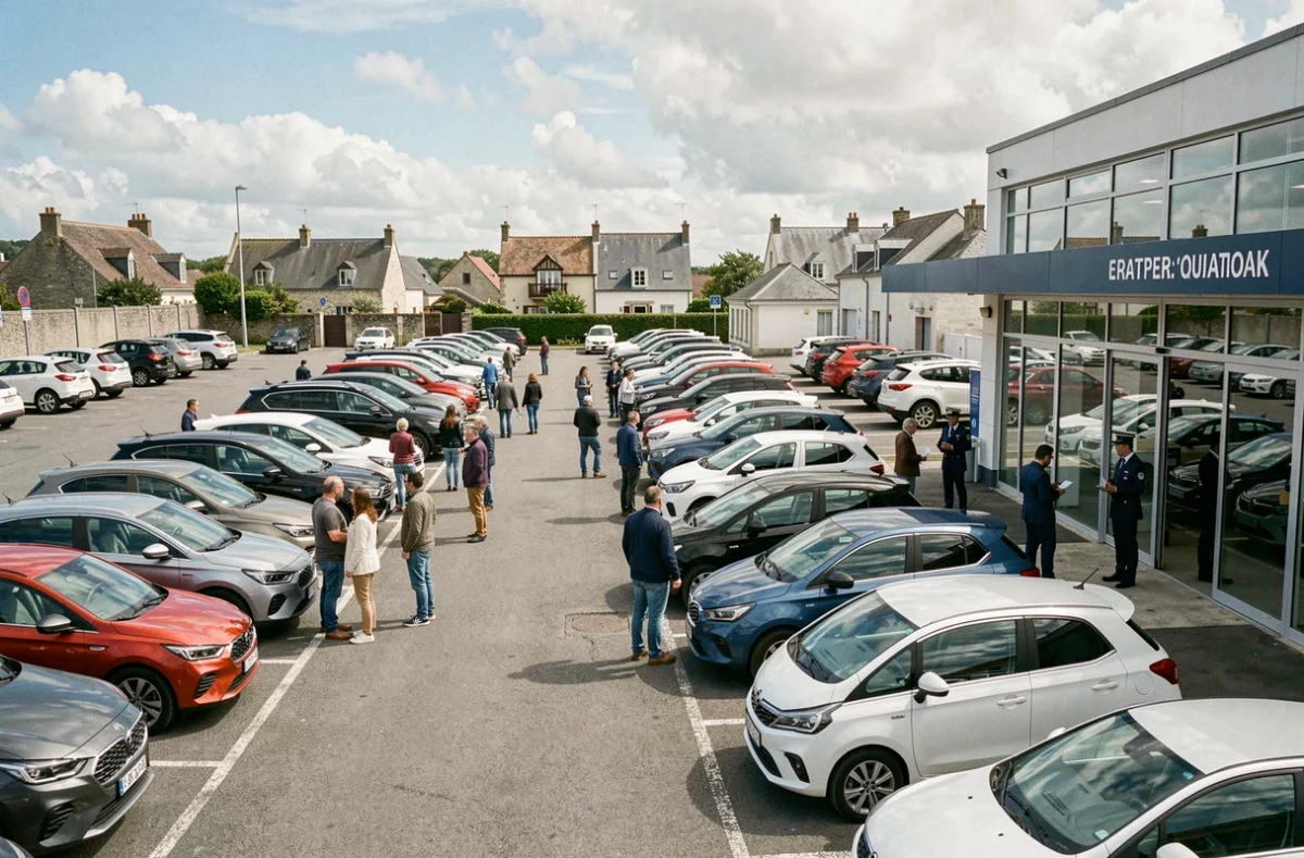 Parking d'agence de location de voitures en Nouvelle-Aquitaine avec plusieurs véhicules alignés et des clients discutant avec un agent