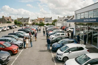 Parking d'agence de location de voitures en Nouvelle-Aquitaine avec plusieurs véhicules alignés et des clients discutant avec un agent