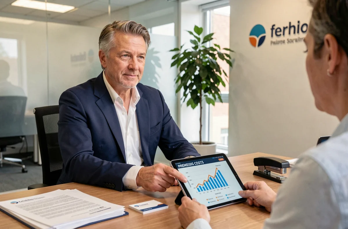 Agent d'assurance expliquant les raisons de l'augmentation des tarifs d'assurance auto à un client dans un bureau professionnel