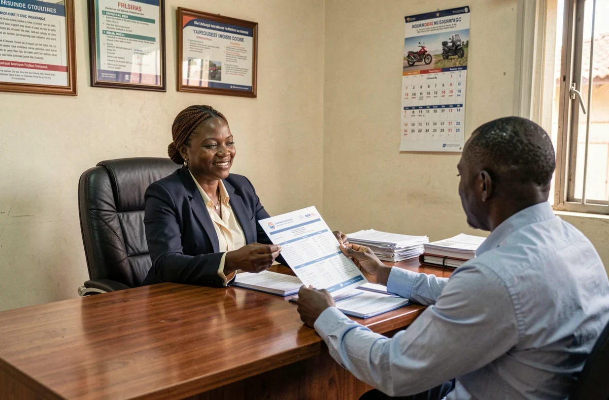 Agent d'assurance camerounaise présentant un contrat d'assurance moto à un client dans un bureau à Yaoundé