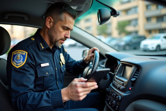 Agent de police en uniforme examinant un tableau de bord de voiture