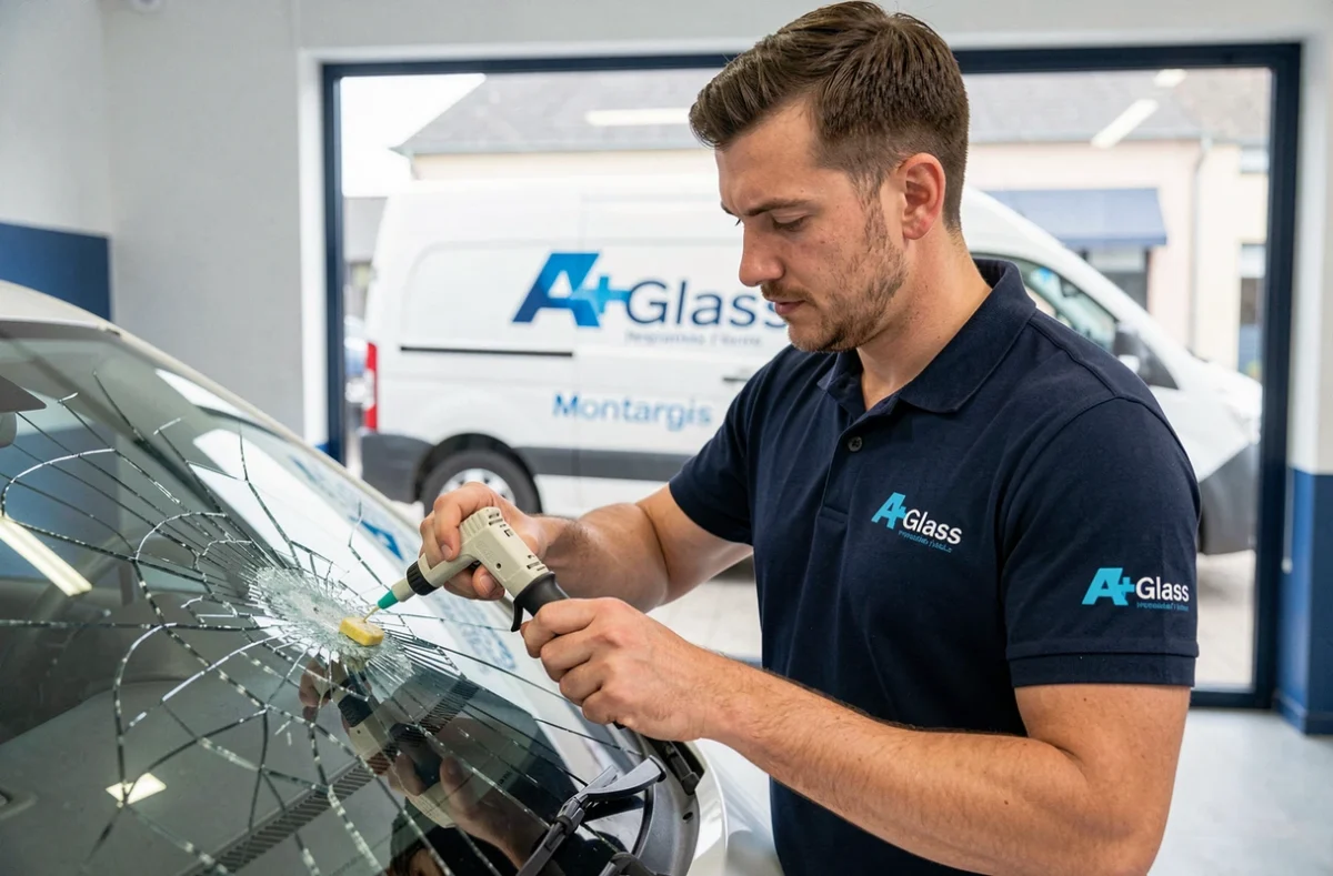 Technicien d'A+Glass Montargis réparant un pare-brise fissuré avec de la résine