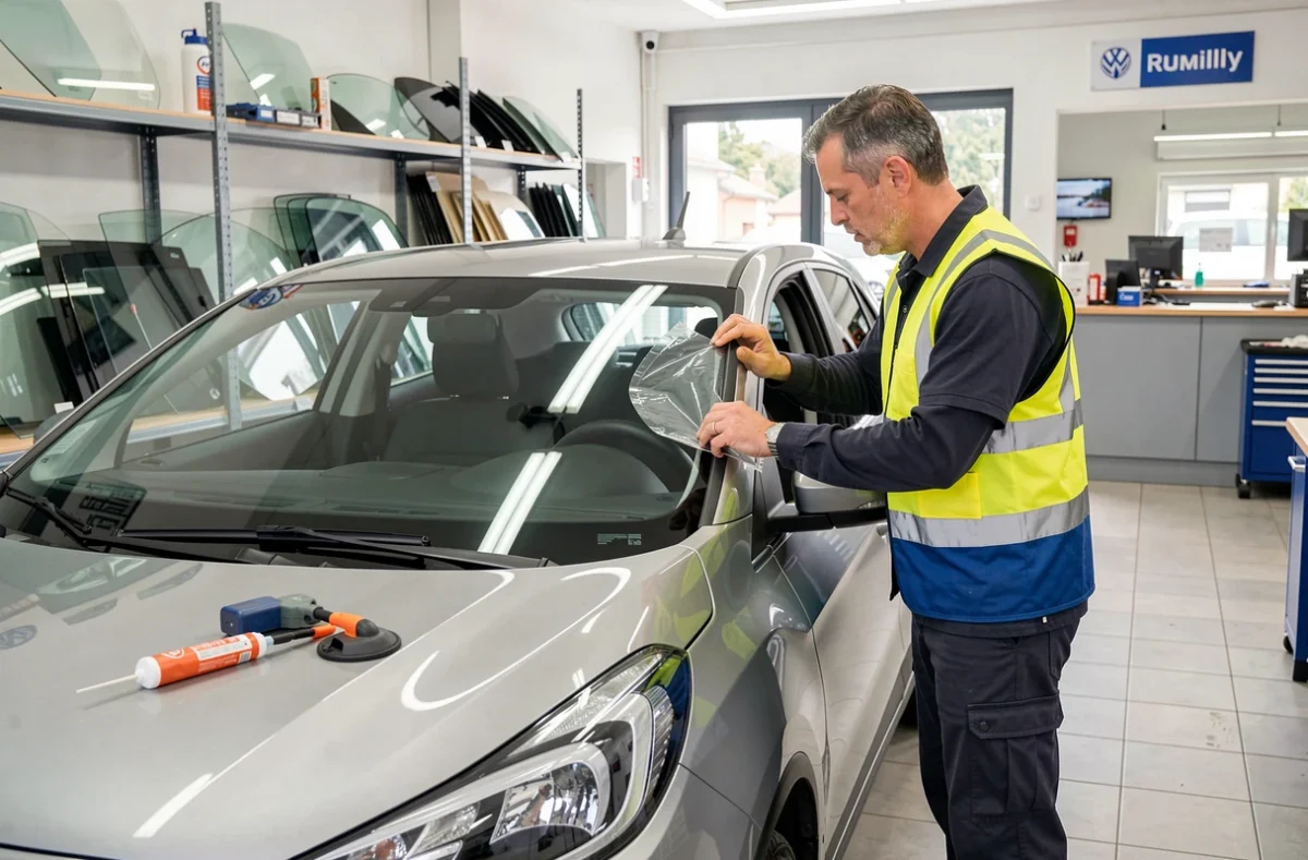 Technicien d'A+Glass Rumilly posant un pare-brise neuf sur un SUV dans l'atelier de vitrage à Rumilly