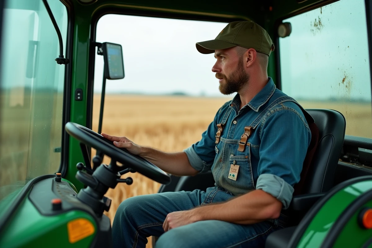 Agriculteur dans la cabine d'un tracteur moderne utilisant une barre de guidage GPS pour optimiser le travail au champ