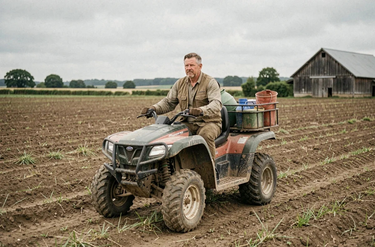 Agriculteur conduisant un quad utilitaire dans un champ, usage professionnel agricole pour assurance quad