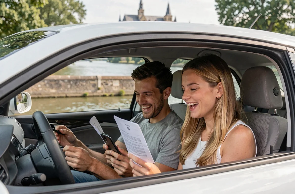 Deux amis consultant une offre de location de voiture sans permis au bord de l'Yonne à Auxerre