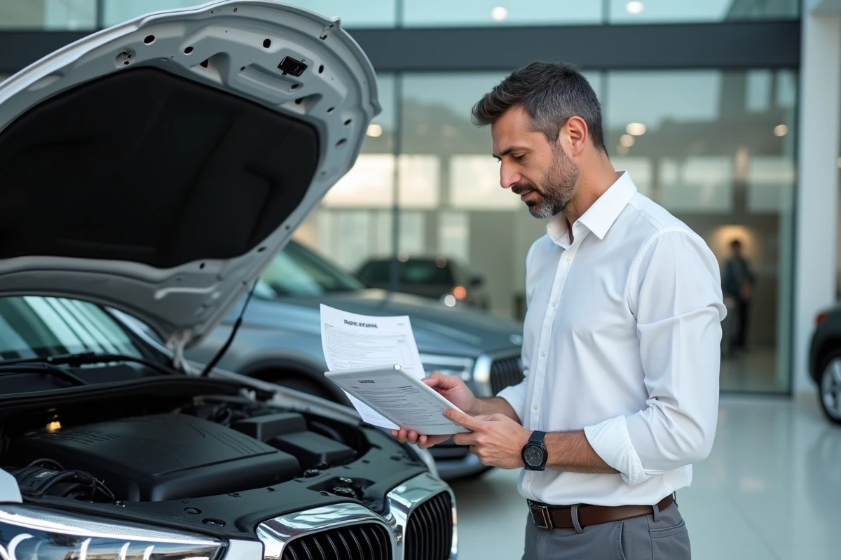 Ingénieur automobile analysant un rapport de reprogrammation moteur dans un centre de service de concession de leasing