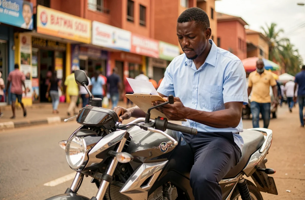 Motocycliste camerounais consultant des documents d'assurance moto assis sur sa moto dans une rue commerçante de Douala