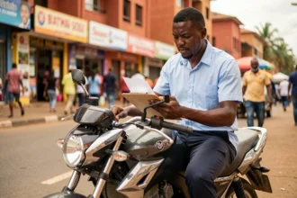 Motocycliste camerounais consultant des documents d'assurance moto assis sur sa moto dans une rue commerçante de Douala