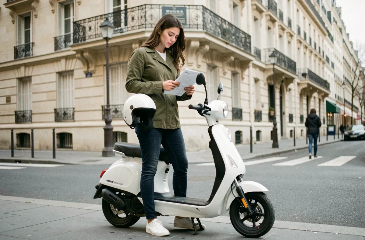 Jeune femme consultant des documents d'assurance à côté de son scooter électrique 50cc blanc dans une rue parisienne