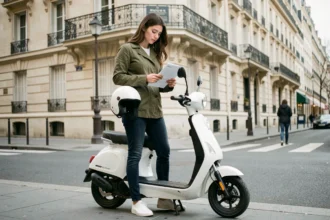 Jeune femme consultant des documents d'assurance à côté de son scooter électrique 50cc blanc dans une rue parisienne