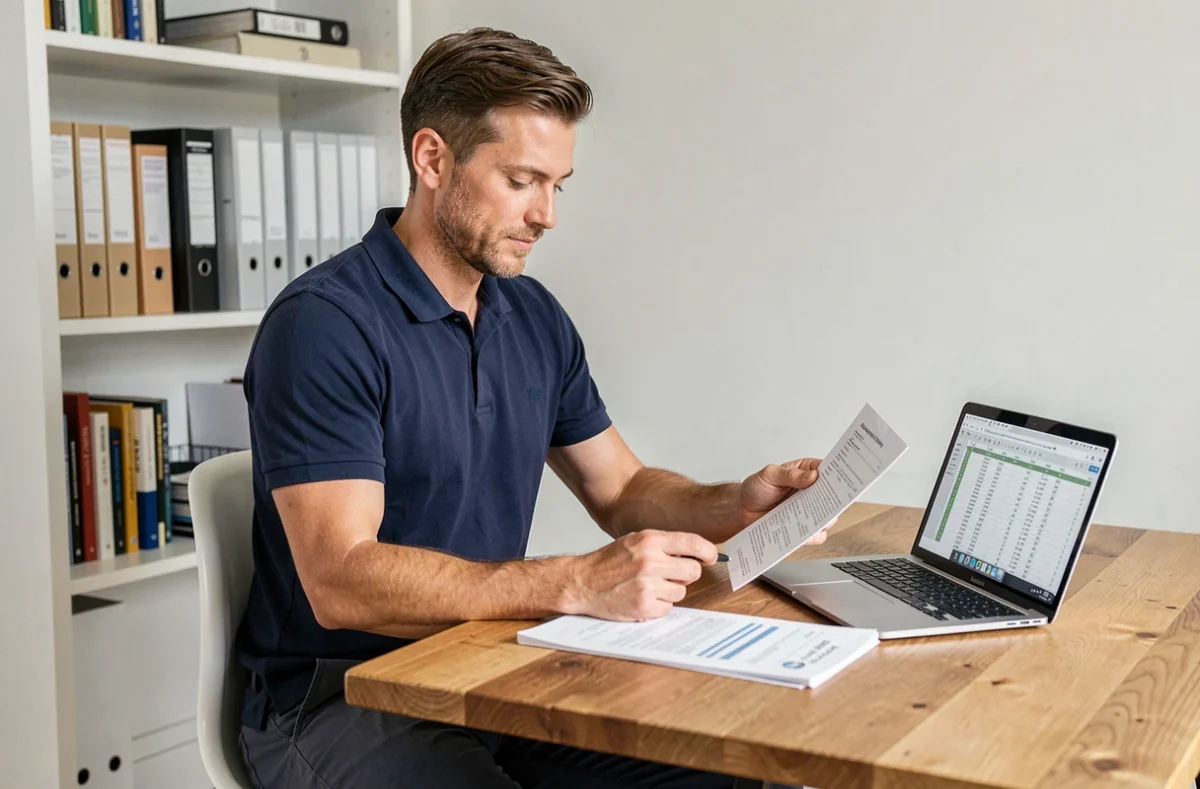 Auto-entrepreneur assis à son bureau examinant des documents d'assurance responsabilité civile professionnelle