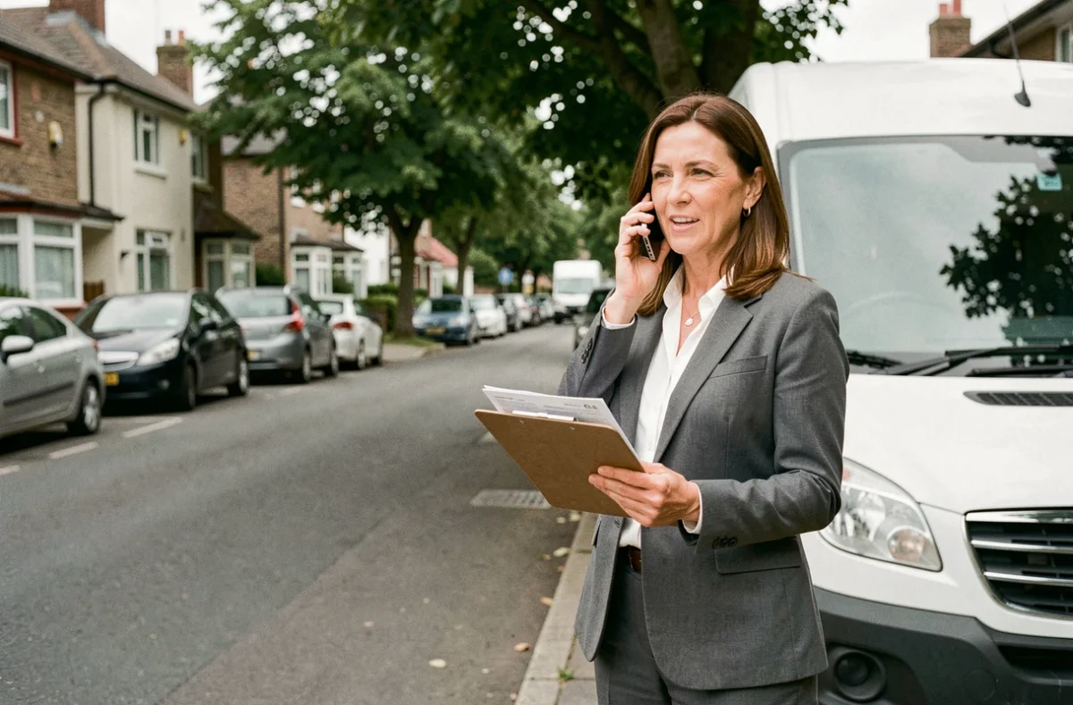 Auto-entrepreneuse debout près de son véhicule utilitaire gérant ses documents d'assurance auto professionnelle