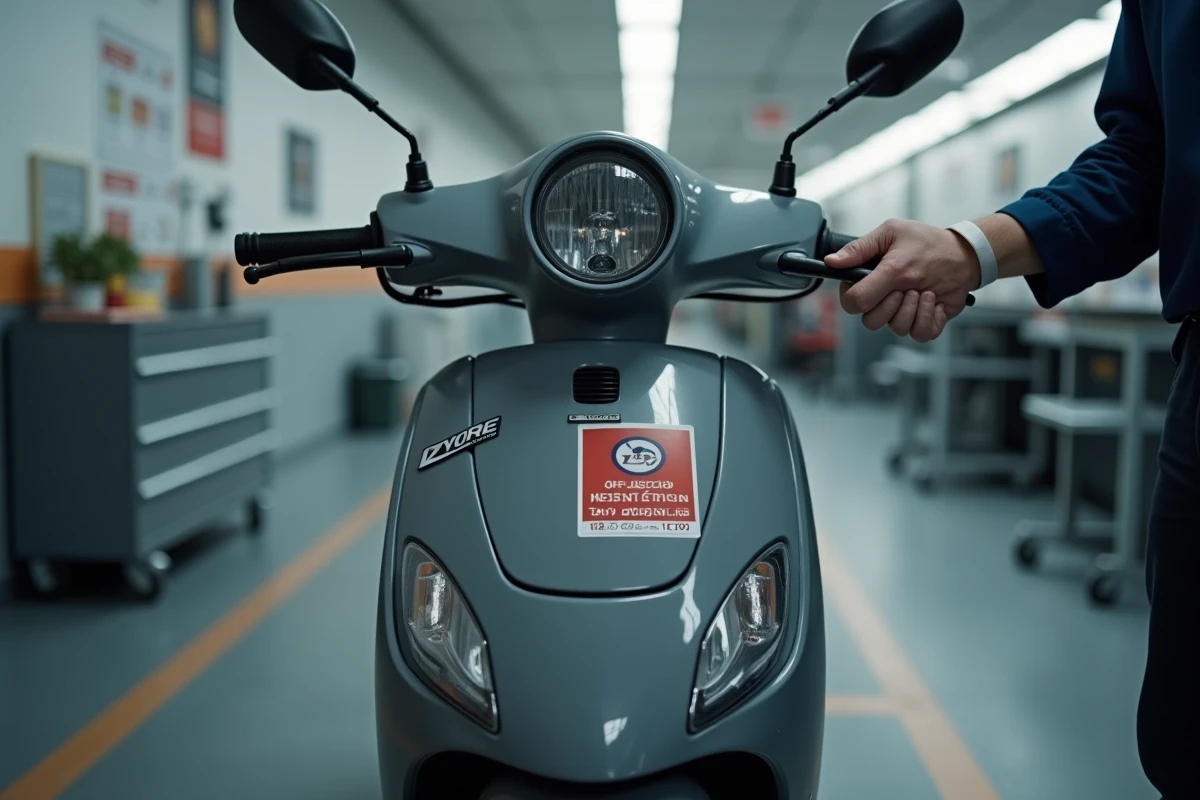 Pose d'un autocollant de contrôle technique officiel sur un scooter urbain lors d'une inspection réglementaire