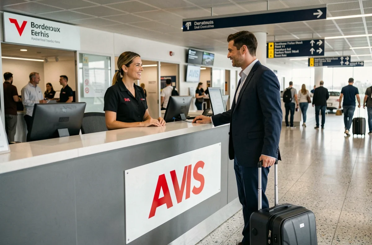 Comptoir Avis à l'aéroport de Bordeaux avec une agente en uniforme accueillant un voyageur