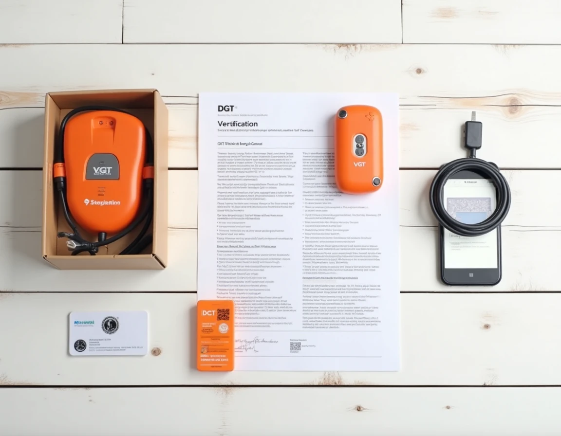 Balise V-16 avec boîte d'origine, document de certification DGT et vérification QR code sur smartphone