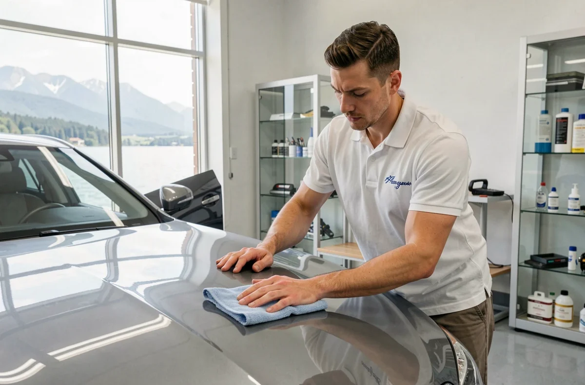 Spécialiste de Beauty Car Messery polissant une berline de luxe avec vue sur le Léman en arrière-plan