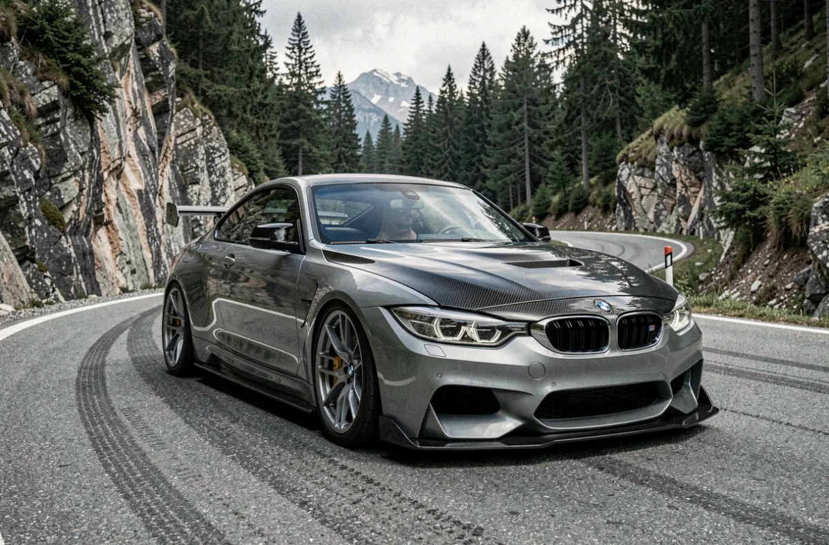 BMW CSL garée sur une route de montagne sinueuse dans les Alpes françaises, vue trois quarts avant basse angle