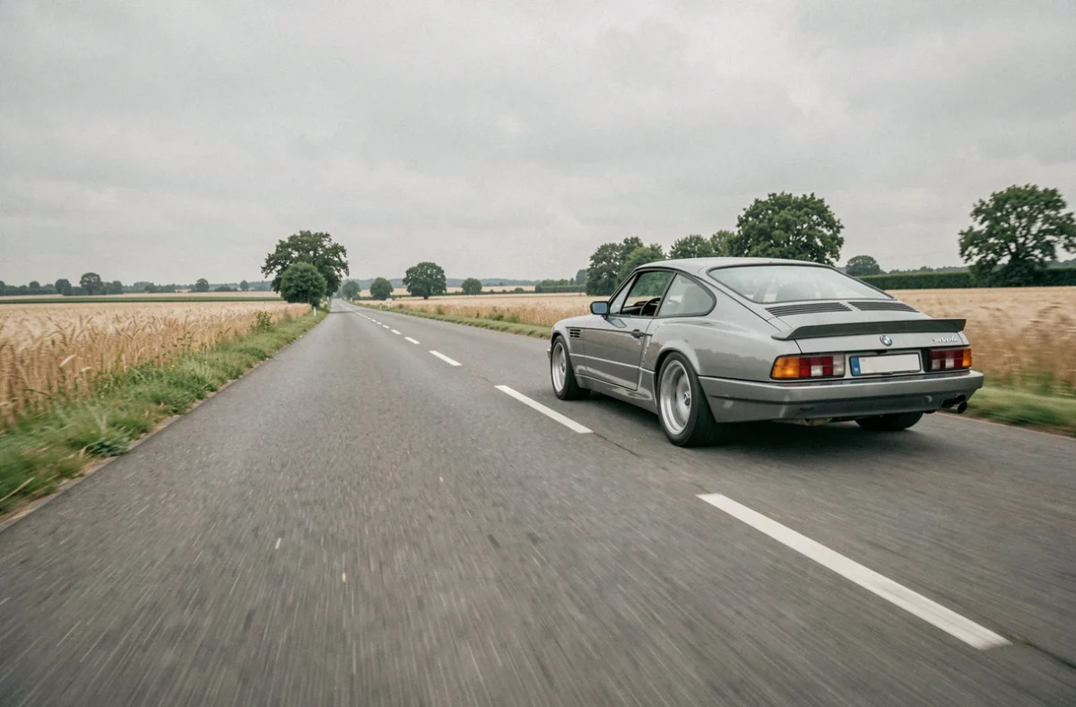 BMW CSL en pleine courbe sur une route de campagne française bordée de champs de blé dorés, vue latérale dynamique