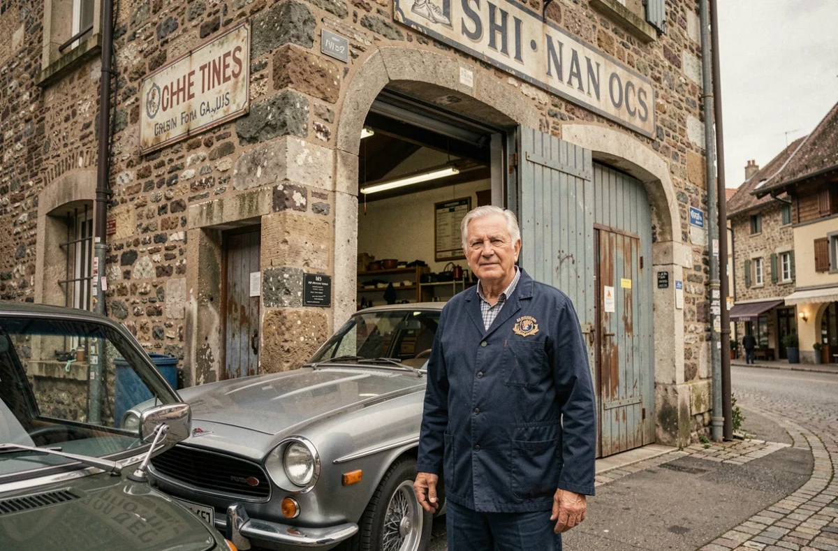 Mécanicien senior de Bocquet S.A. devant le garage historique à Annecy avec une voiture ancienne