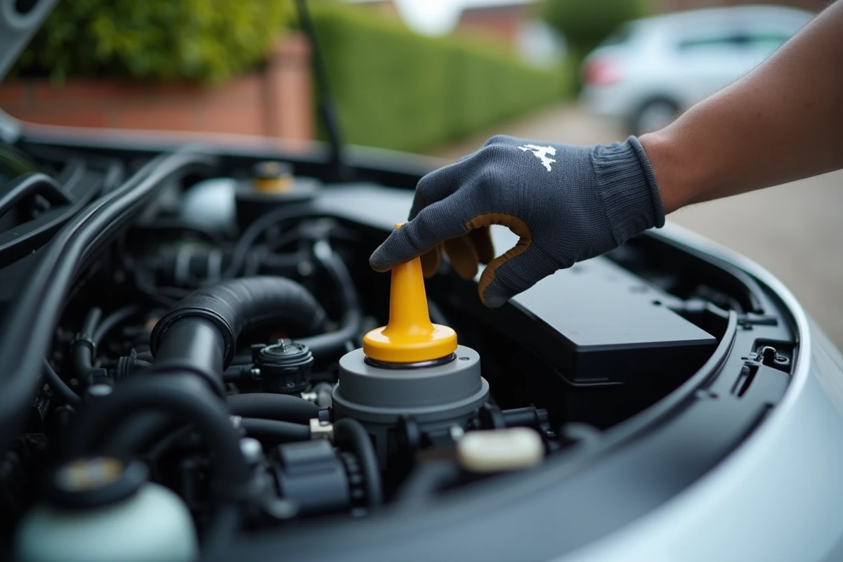 Bouchon de remplissage d'huile moteur ouvert sur une Peugeot 208 essence lors d'une vidange à domicile