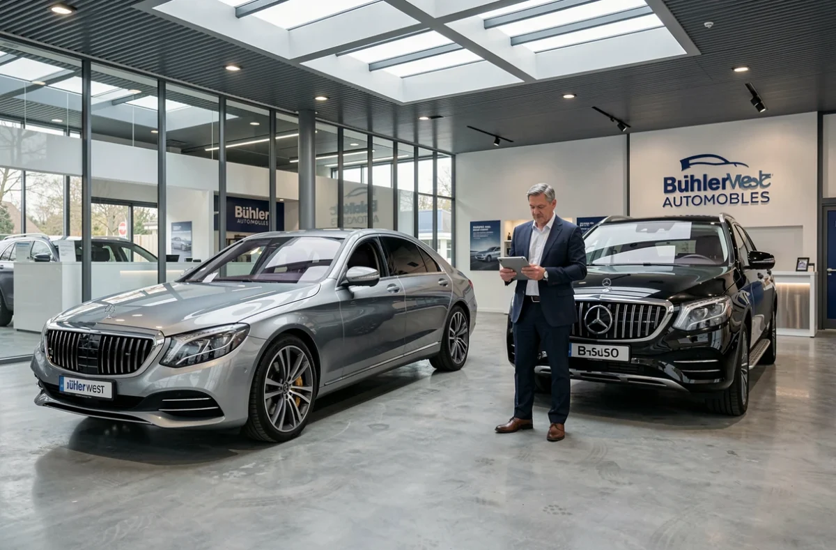 Showroom haut de gamme de Bühler West Automobiles avec un conseiller et des véhicules de luxe exposés dans un espace moderne