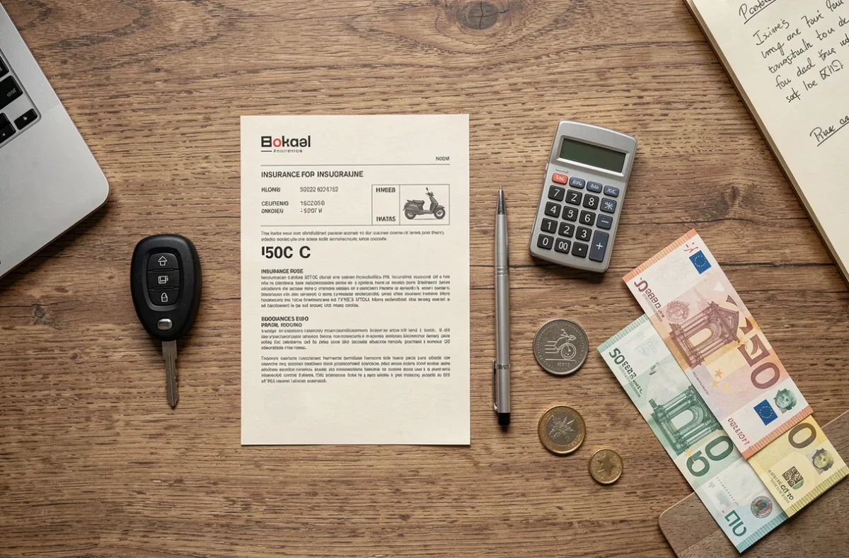 Vue aérienne d'un bureau avec clé de scooter 50cc, documents d'assurance, calculatrice et billets en euros