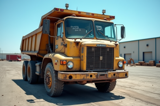 Camion benne d'occasion stationne en plein jour avec panneau de prix