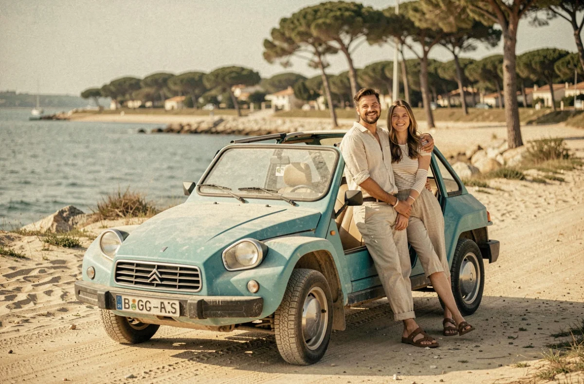 Citroën Méhari turquoise de Cap Méhari louée à Arès avec un couple au bord du Bassin d'Arcachon