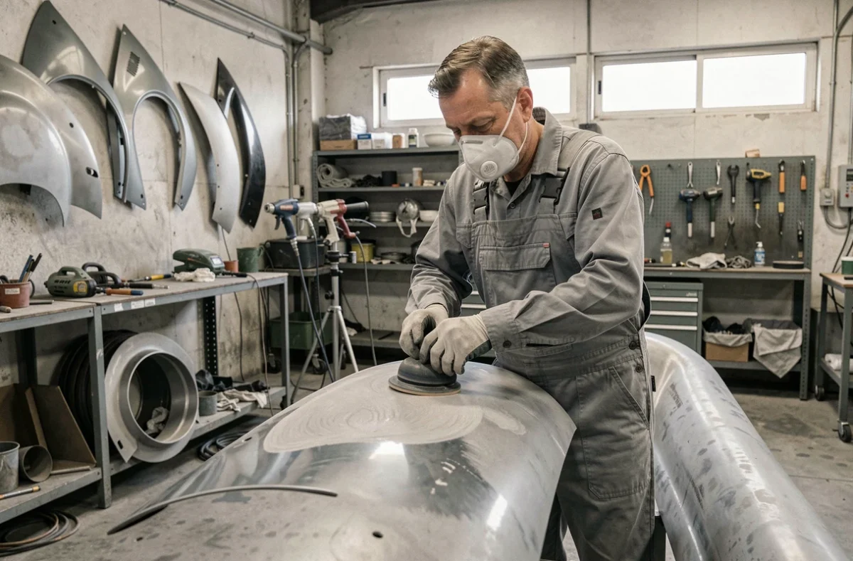 Carrossier de la Carrosserie Beaunoise ponçant une carrosserie dans son atelier