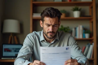Homme examinant un document de carte grise française à son bureau à domicile en 2026