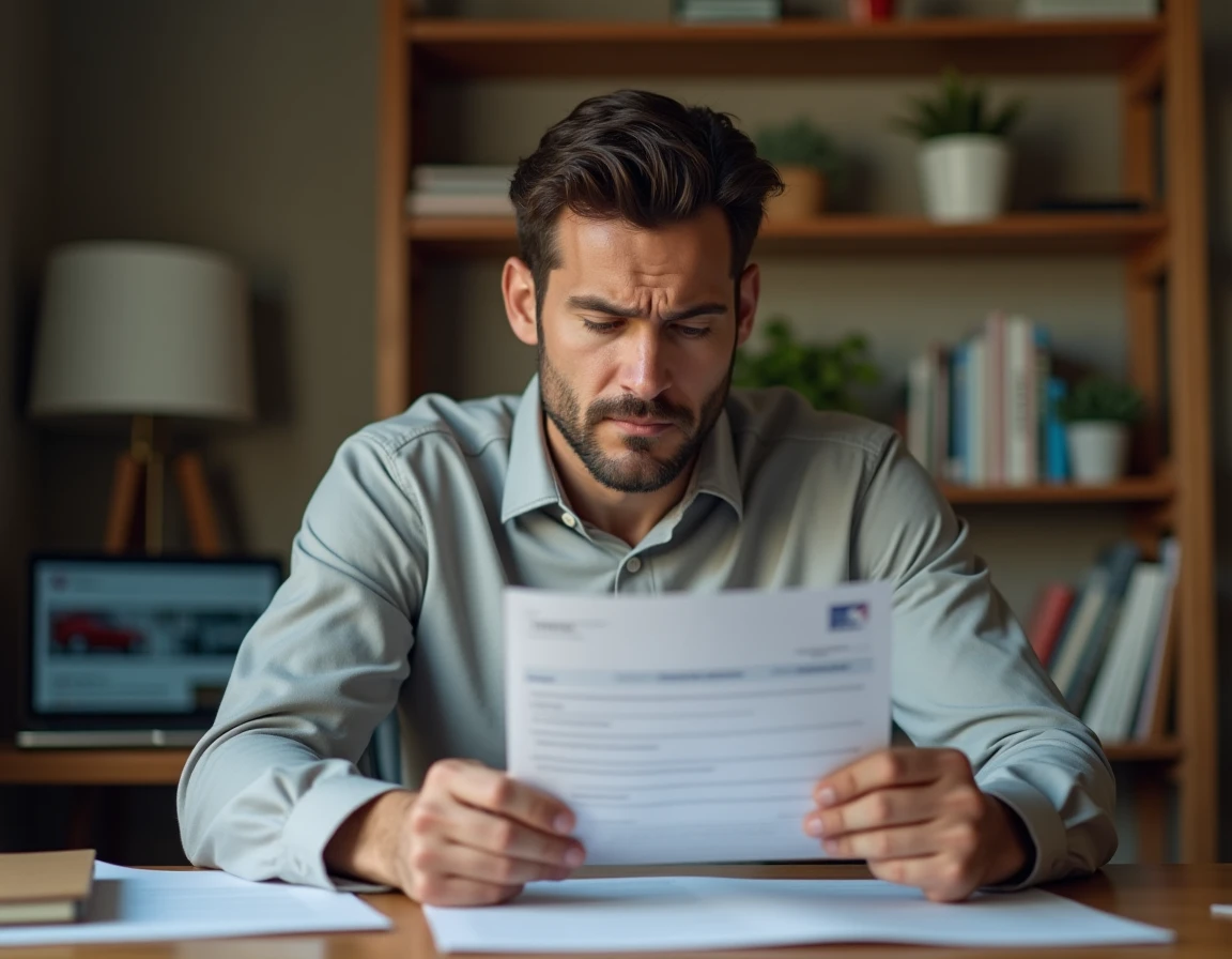 Homme examinant un document de carte grise française à son bureau à domicile en 2026
