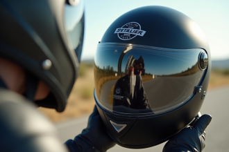 Motocycliste inspectant un casque moto sécurité en extérieur