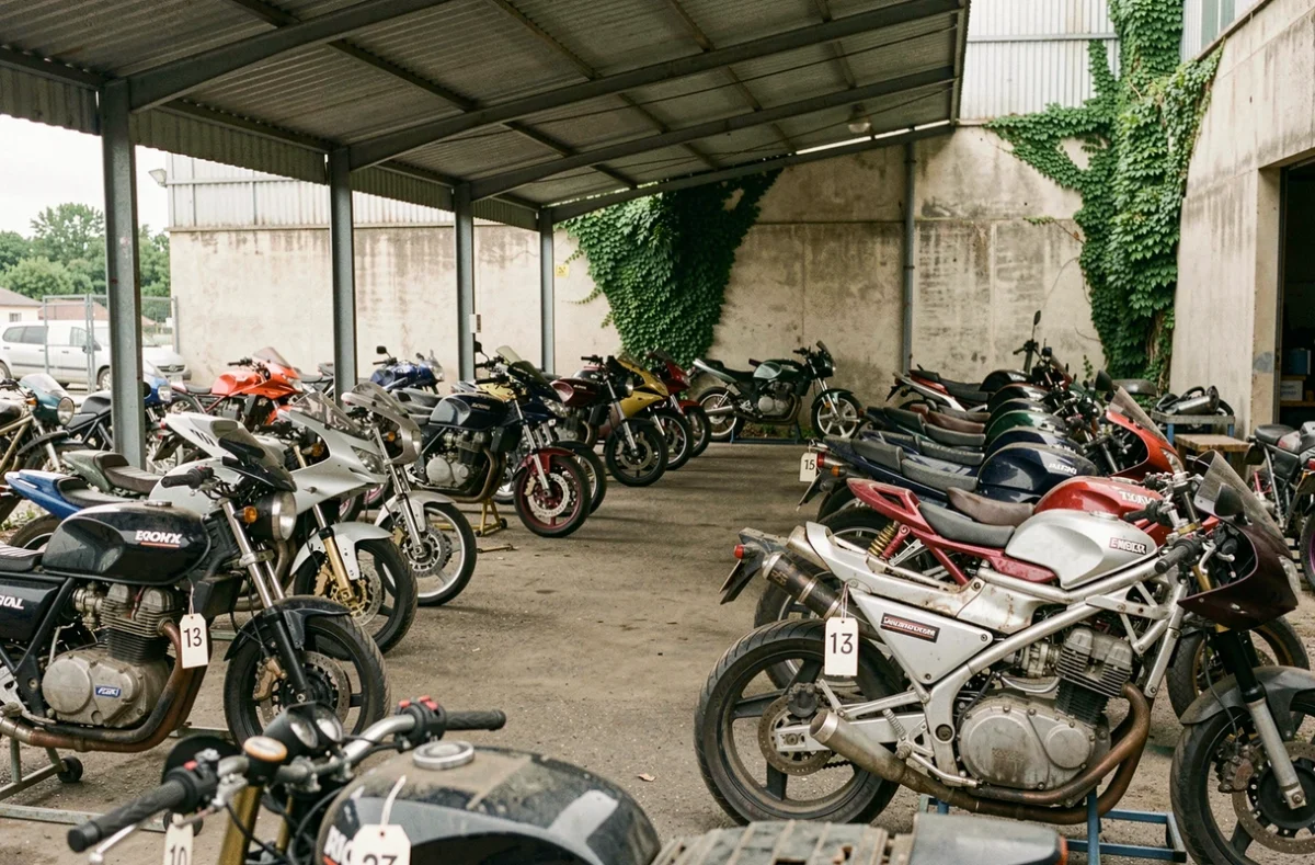 Rangées de motos sportives et roadsters démontées dans une casse moto spécialisée en France