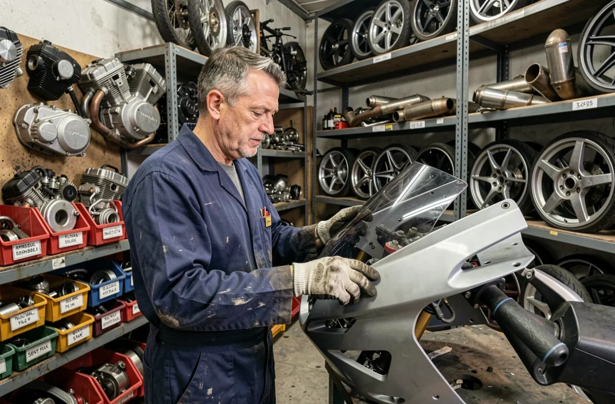 Mécanicien spécialisé inspectant des pièces de moto sportive dans une casse moto professionnelle en France