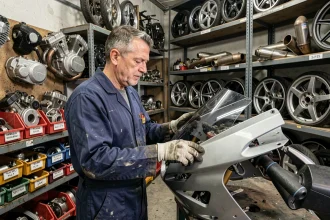 Mécanicien spécialisé inspectant des pièces de moto sportive dans une casse moto professionnelle en France
