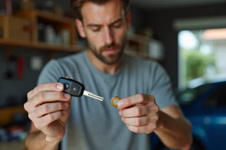 Homme tenant une clé de Renault Clio 4 et une pile CR2032 dans un garage, prêt pour le remplacement