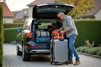 Homme chargeant des valises dans un SUV familial à la campagne