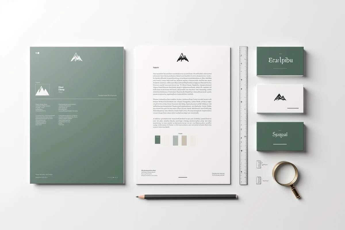Flat lay de documents de charte graphique pour un logo alpin avec typographies, palettes de couleurs et cartes de visite