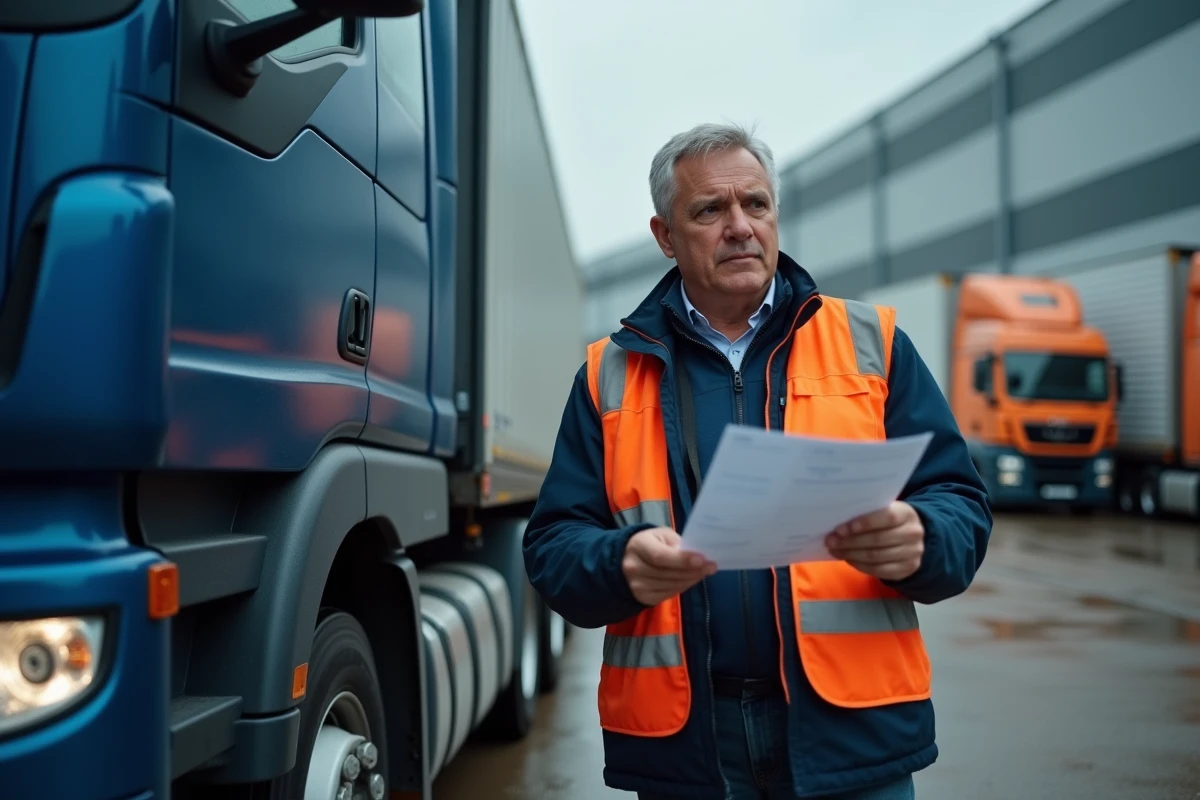 Chauffeur professionnel tenant des documents de permis de conduire devant un camion semi-remorque dans un dépôt logistique