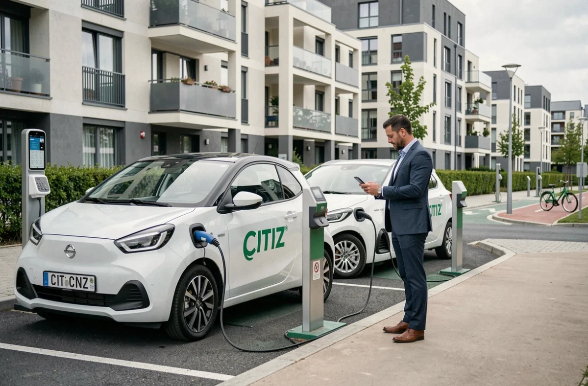 Station Citiz Grand Poitiers avec des voitures en autopartage électrique et un usager déverrouillant un véhicule via smartphone