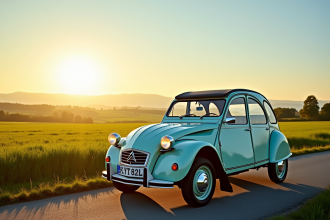 Citroën 2CV sur une route de campagne au coucher du soleil
