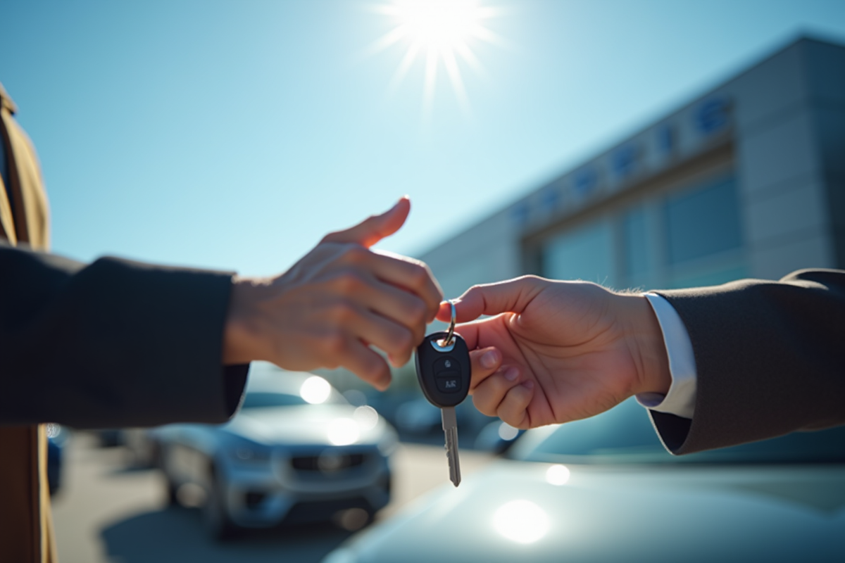 Clé de voiture neuve remise à un client devant un bâtiment moderne