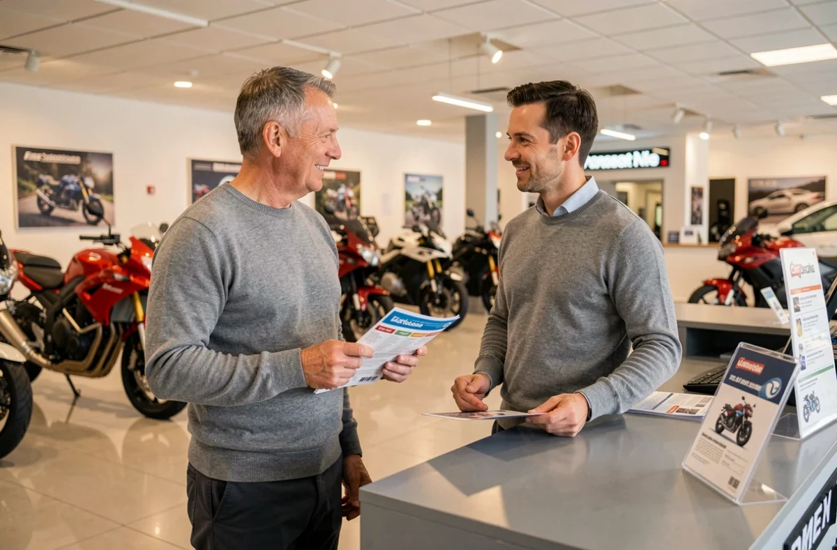 Client discutant des options d'assurance moto avec un conseiller dans un showroom de concessionnaire