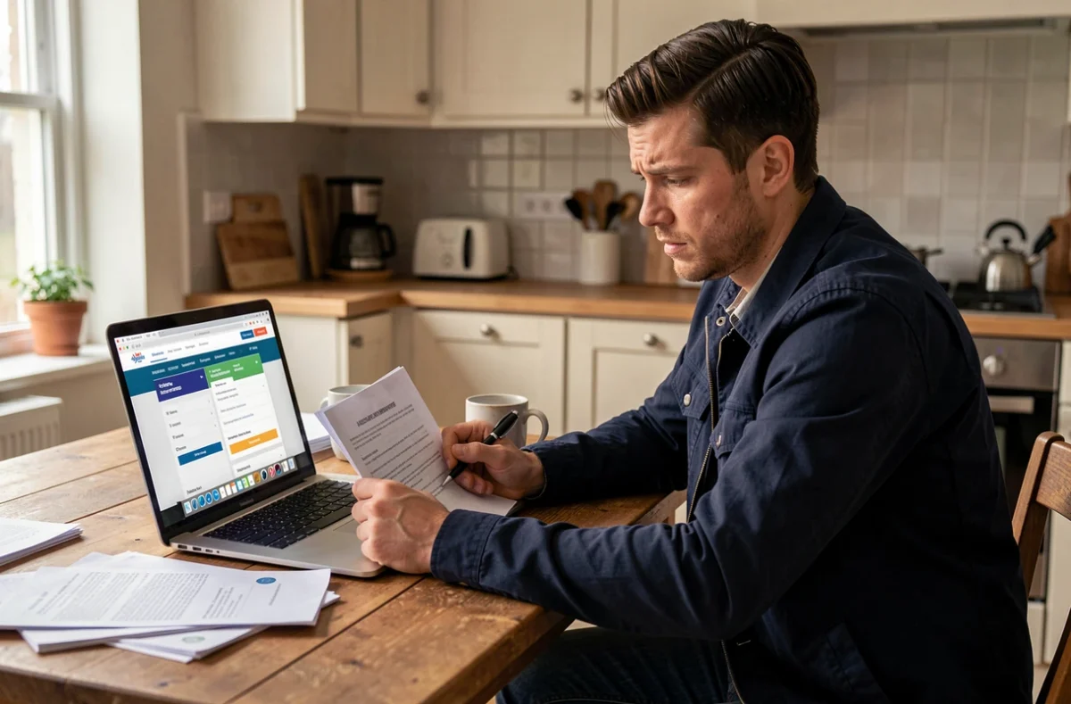 Homme comparant des offres d'assurance moto pas chère sur un ordinateur portable avec des documents imprimés sur une table en bois