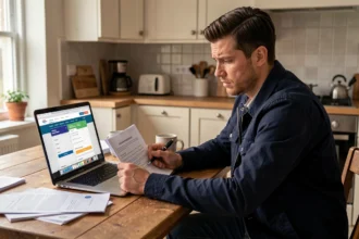 Homme comparant des offres d'assurance moto pas chère sur un ordinateur portable avec des documents imprimés sur une table en bois
